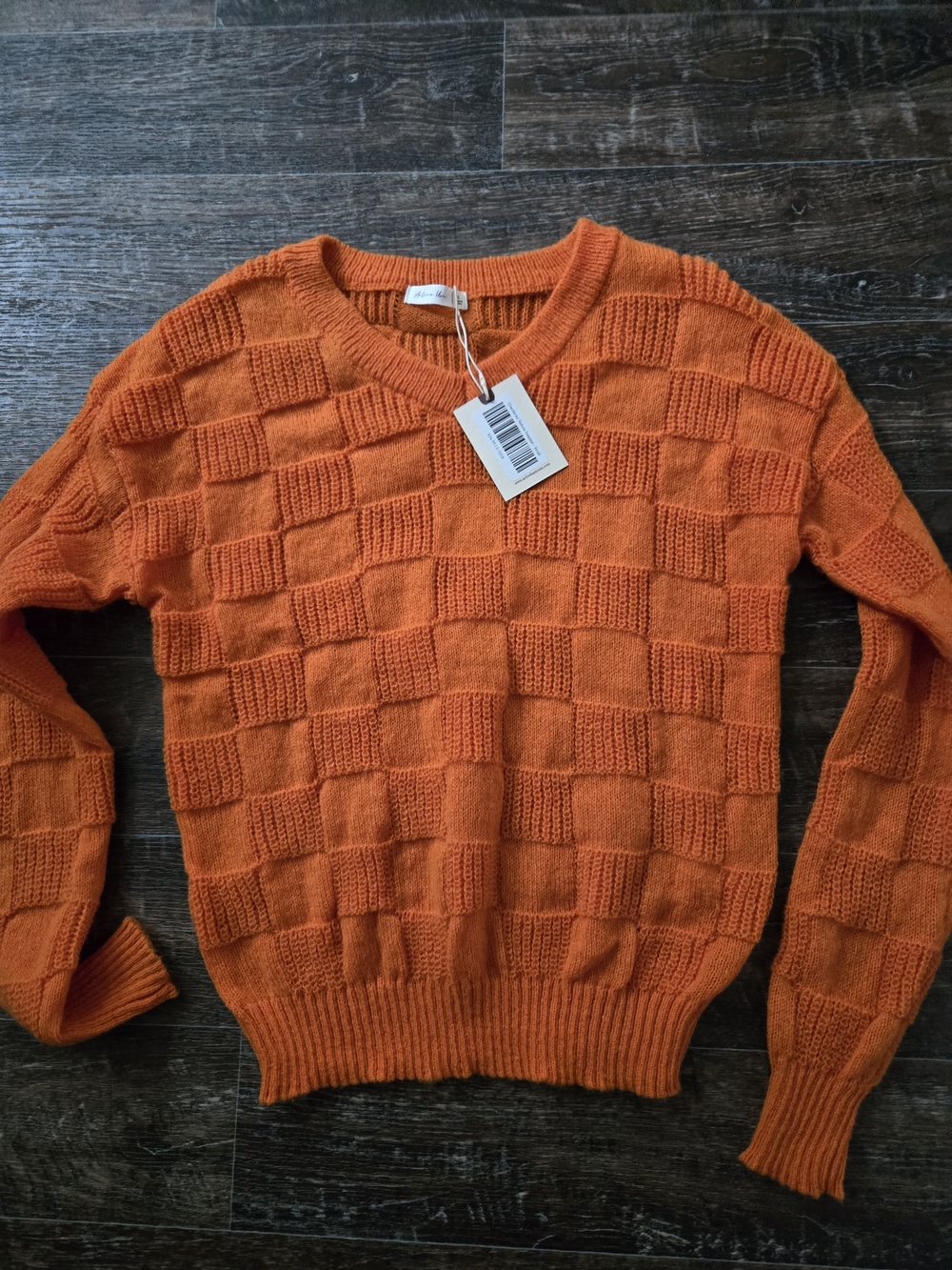 Active USA Orange Checkerboard Textured Crewneck Sweater